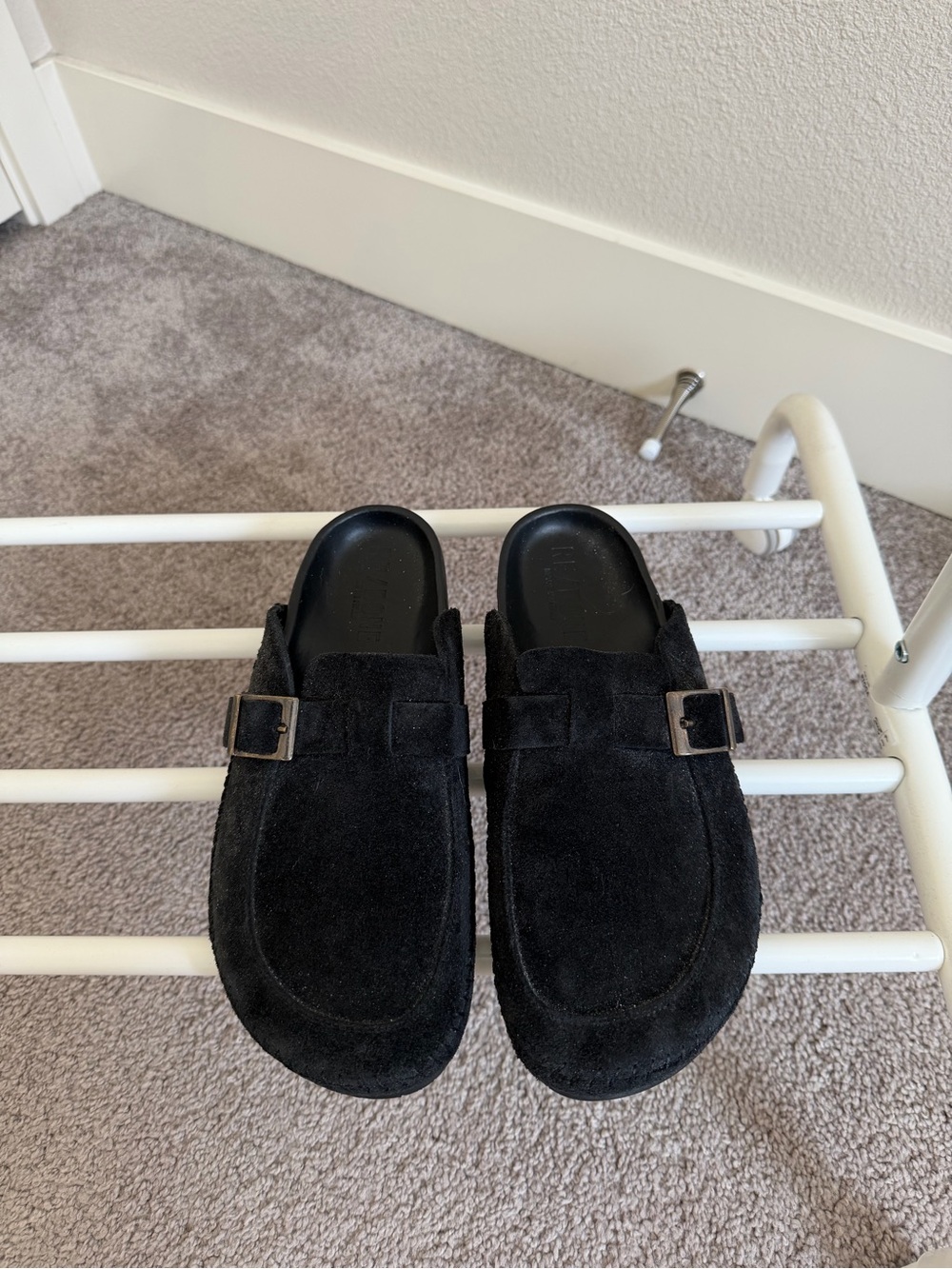 Re/Done Black Suede Mule Clogs with Buckle